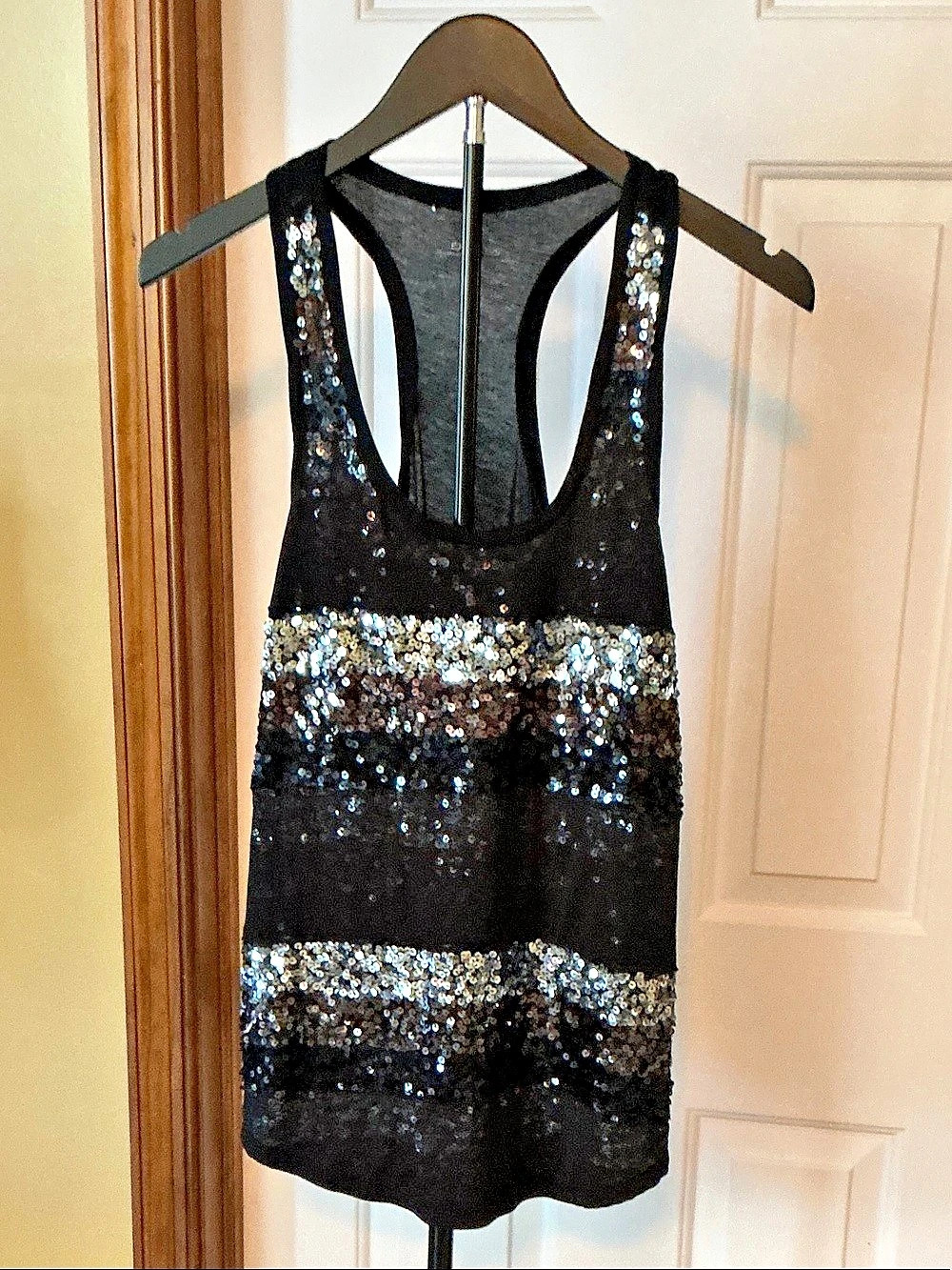 Express Sequin Stripe Racerback Tank Top Black & Silver Small